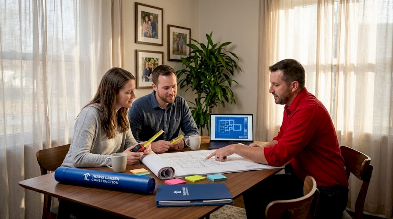 Homeowners reviewing plans with builder
