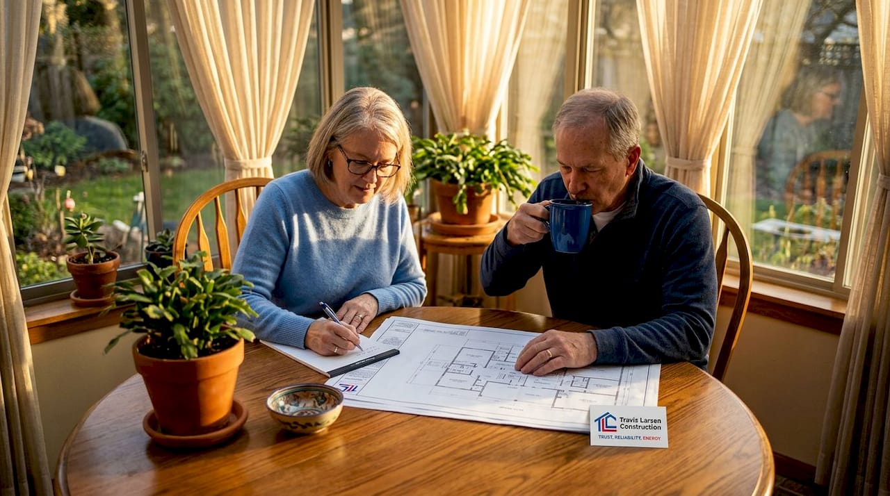 Retirees reviewing custom home plans in kitchen