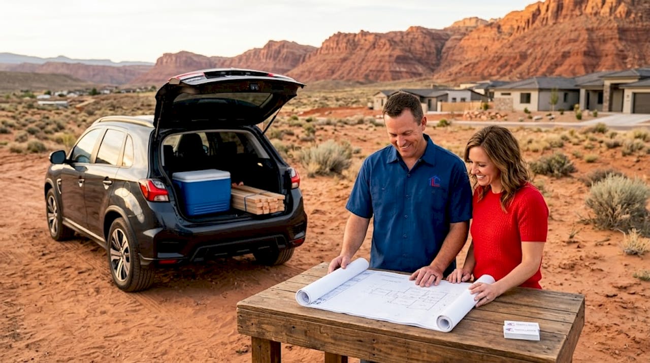 Couple evaluating vacant lot in Southern Utah