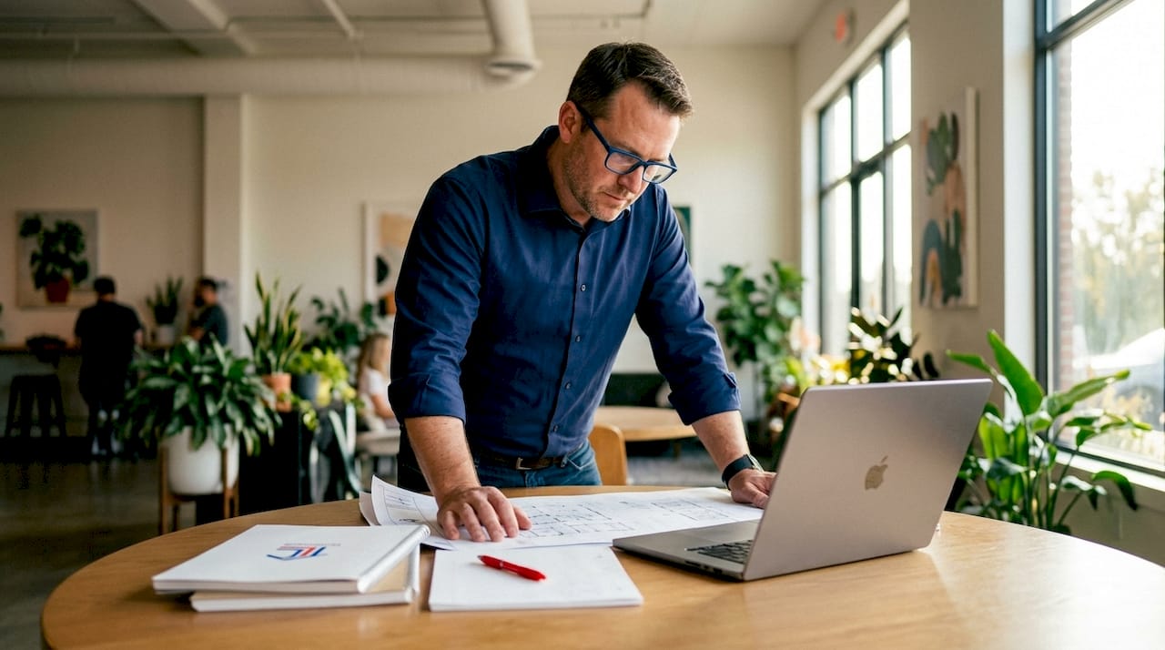 General contractor reviewing plans in office